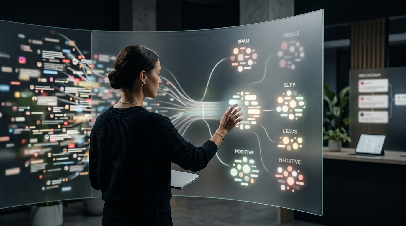 A sophisticated diagram showing data points from comments flowing into a central AI brain and branching out into insights for growth, moderation, and engagement.
