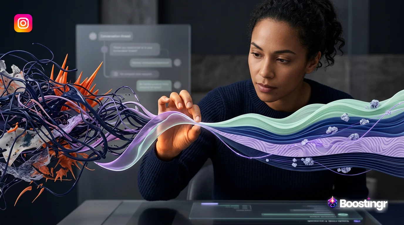 A futuristic dashboard showing AI automating social media comment workflows, with charts indicating ROI and brand safety.