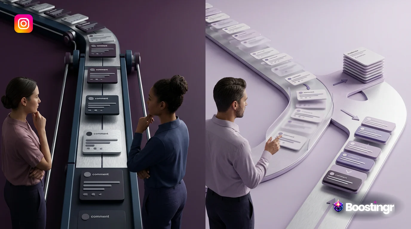 A futuristic dashboard interface showing social media comments being analyzed and sorted by an advanced AI.