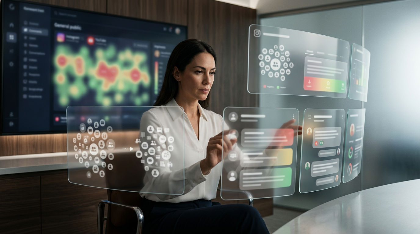 A close-up of a futuristic, holographic dashboard displaying comment sentiment analysis with colorful charts and graphs in a modern office.