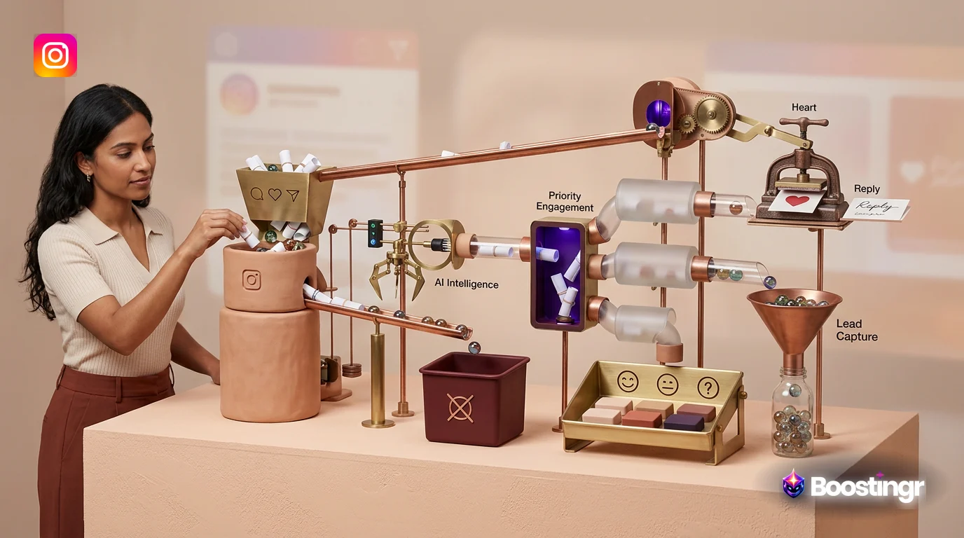 A creator at a clean desk using a laptop and phone to manage an intelligent Instagram automation workflow, with abstract UI elements floating around the devices.