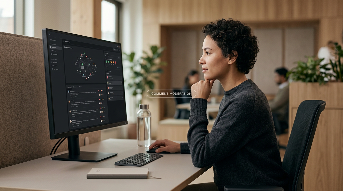 A split-screen image showing a chaotic, messy desk on one side and a clean, organized, futuristic command center on the other, representing the difference between basic and AI Instagram moderation tools.