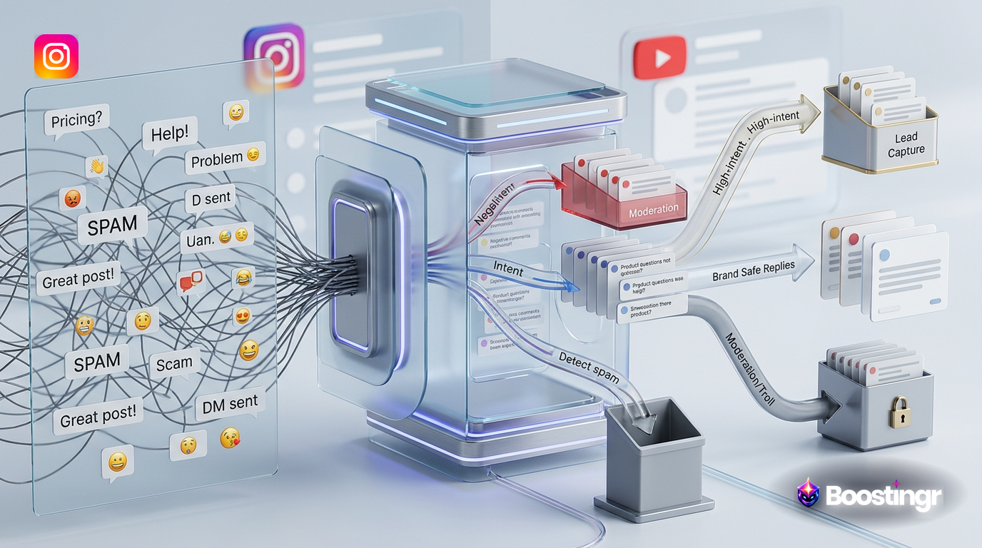 A futuristic dashboard showing social media comments being analyzed by an AI for sentiment and intent across multiple platforms.