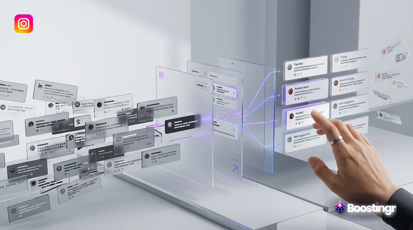 A brand manager calmly reviewing an intelligent dashboard showing AI-classified social media comments, with chaotic comment icons being sorted into neat categories.